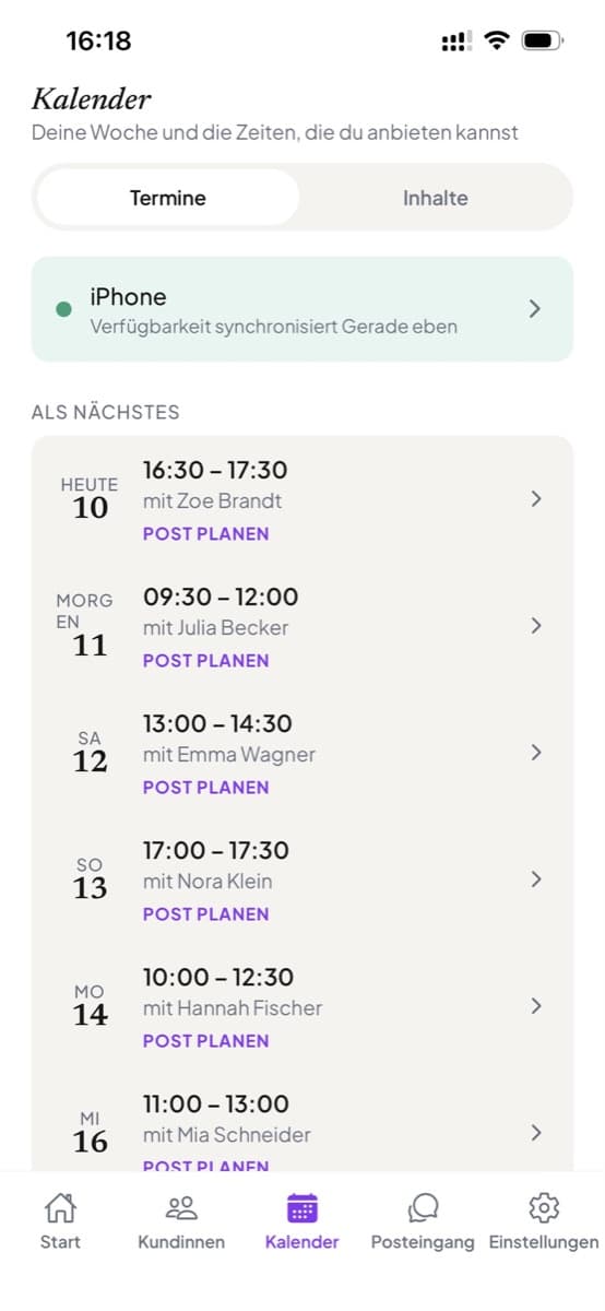Der Kalender mit den Terminen der Woche