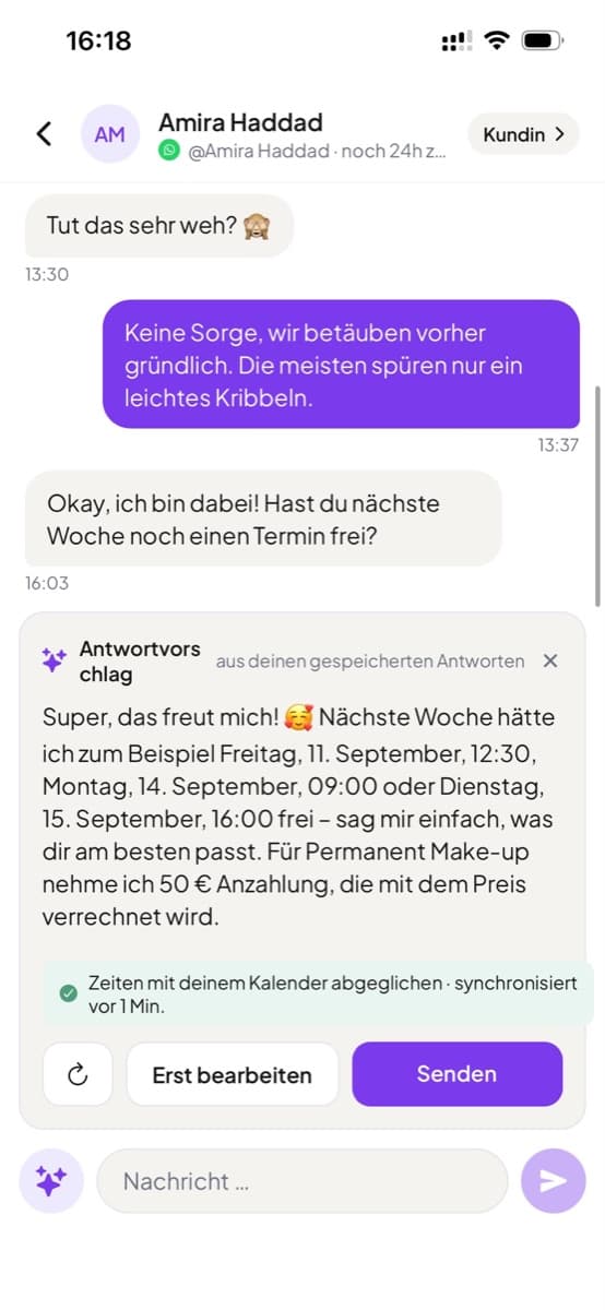 Ein Antwortvorschlag aus gespeicherten Antworten, mit den Knöpfen „Erst bearbeiten“ und „Senden“