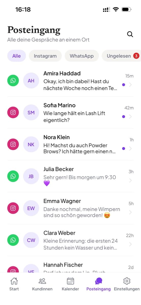 Der Posteingang mit Instagram- und WhatsApp-Gesprächen in einer Liste