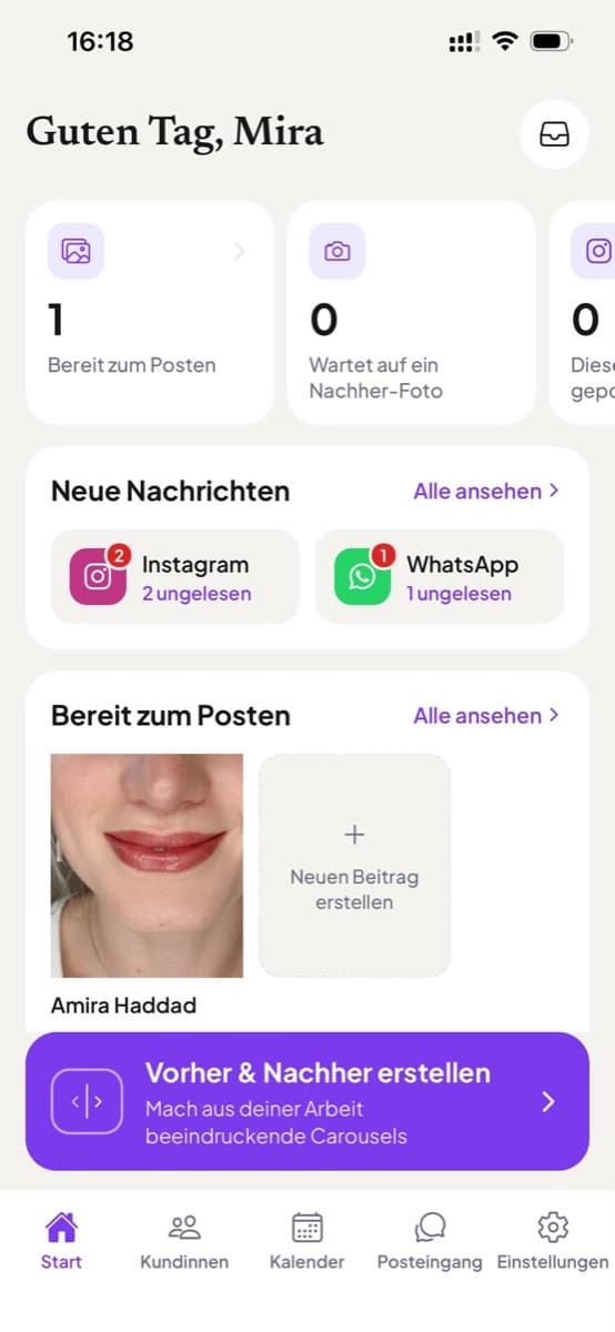 Der Startbildschirm mit neuen Nachrichten und Posts, die bereit zum Veröffentlichen sind