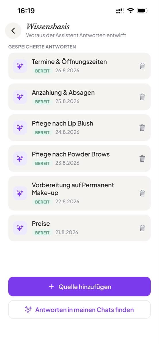 Die Wissensbasis mit gespeicherten Antworten zu Preisen, Nachsorge und Anzahlung