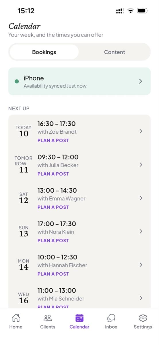 The calendar, showing the week's bookings