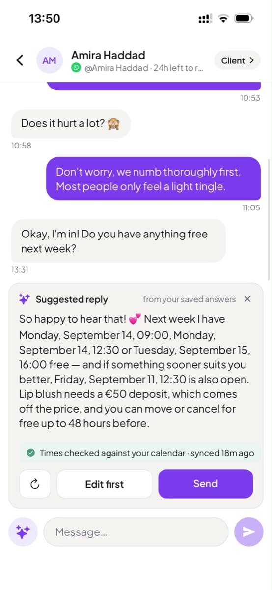 A suggested reply drafted from saved answers, with Edit first and Send buttons