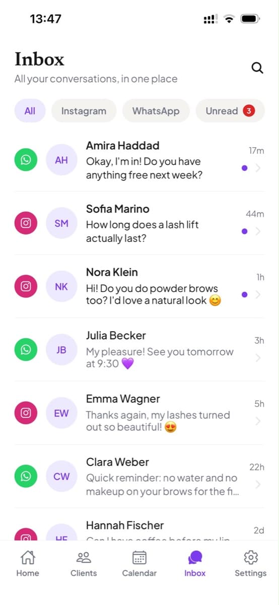 The inbox, with Instagram and WhatsApp conversations in one list