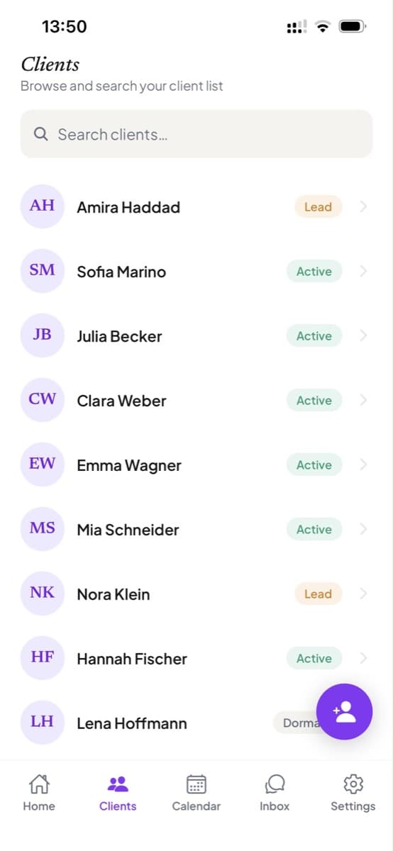 The client list, with lead and active labels