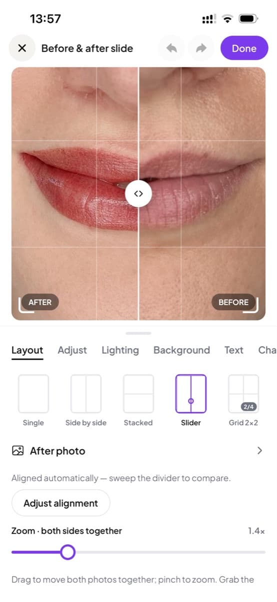 The before and after editor, with the slider layout selected