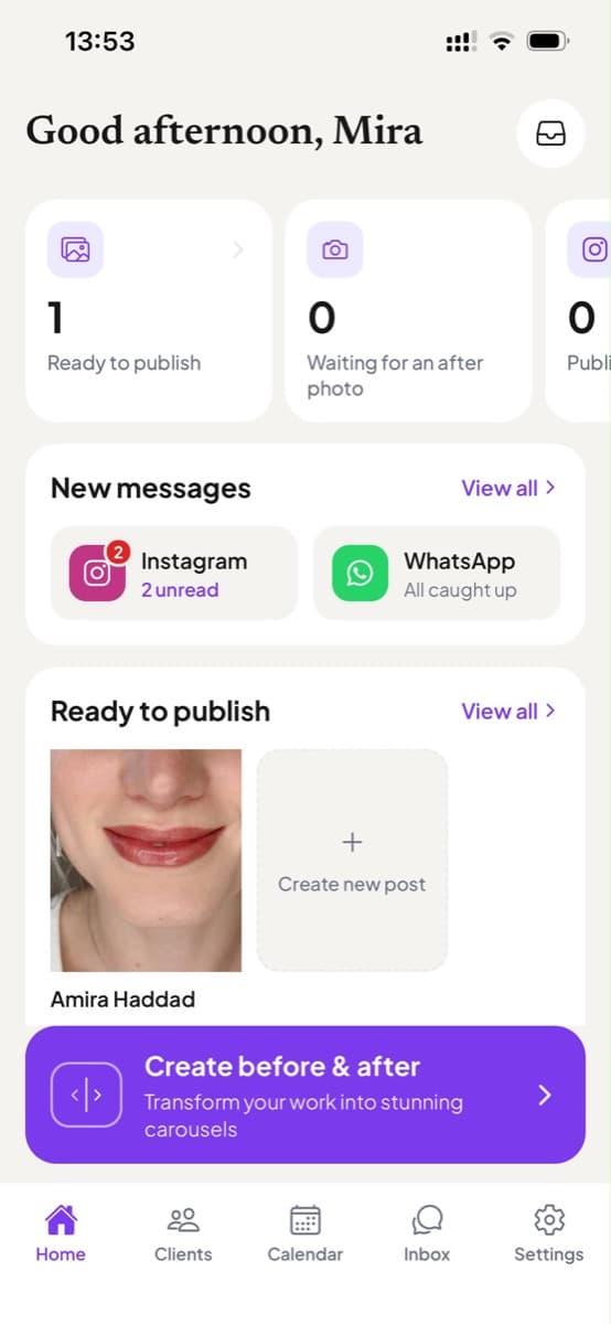 The home screen, showing new messages and posts ready to publish
