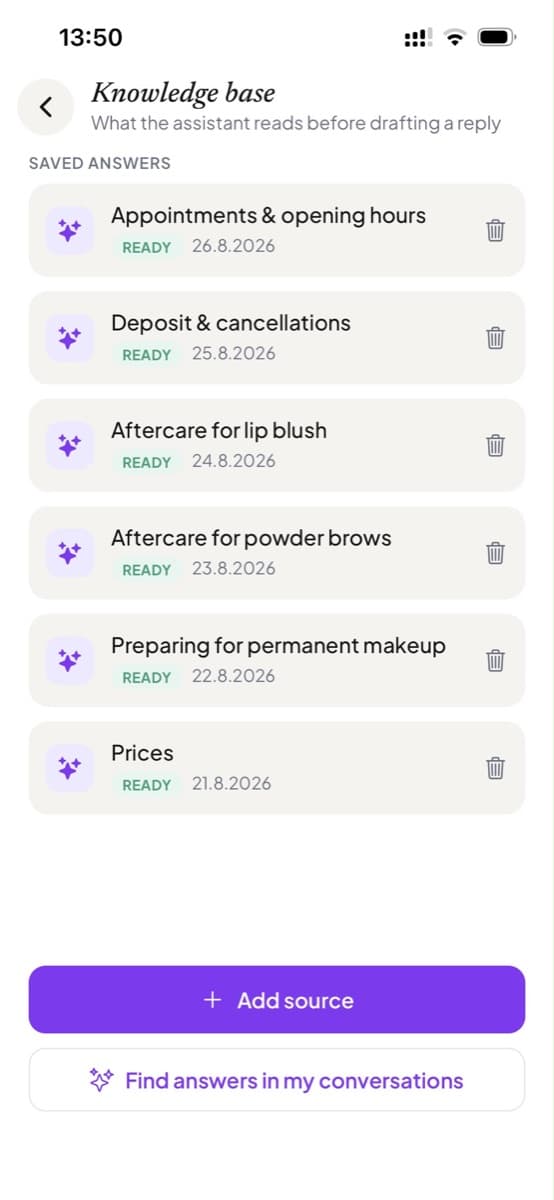 The knowledge base, with saved answers for prices, aftercare and deposits