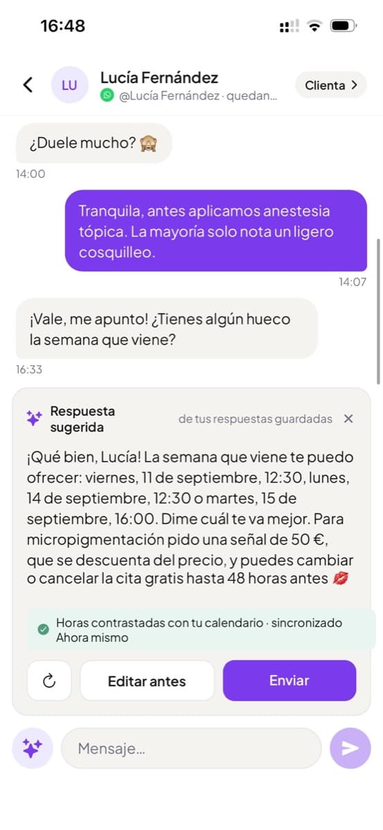 Una respuesta sugerida a partir de respuestas guardadas, con los botones «Editar antes» y «Enviar»