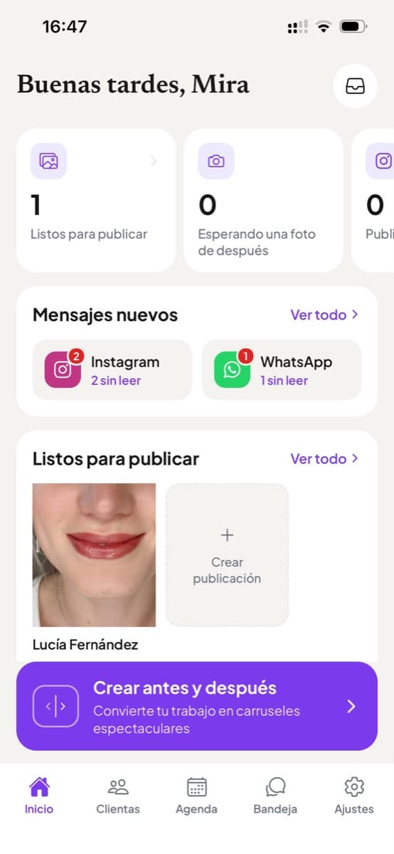 La pantalla de inicio, con mensajes nuevos y publicaciones listas para publicar