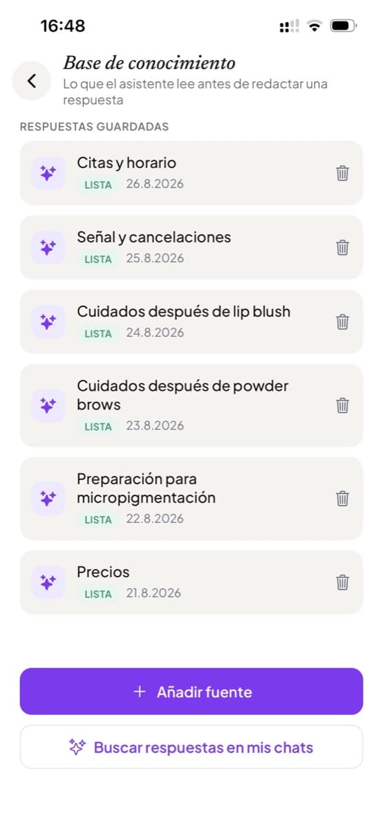 La base de conocimiento, con respuestas guardadas sobre precios, cuidados posteriores y señal