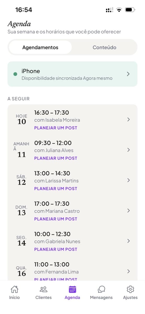 A agenda, com os atendimentos da semana