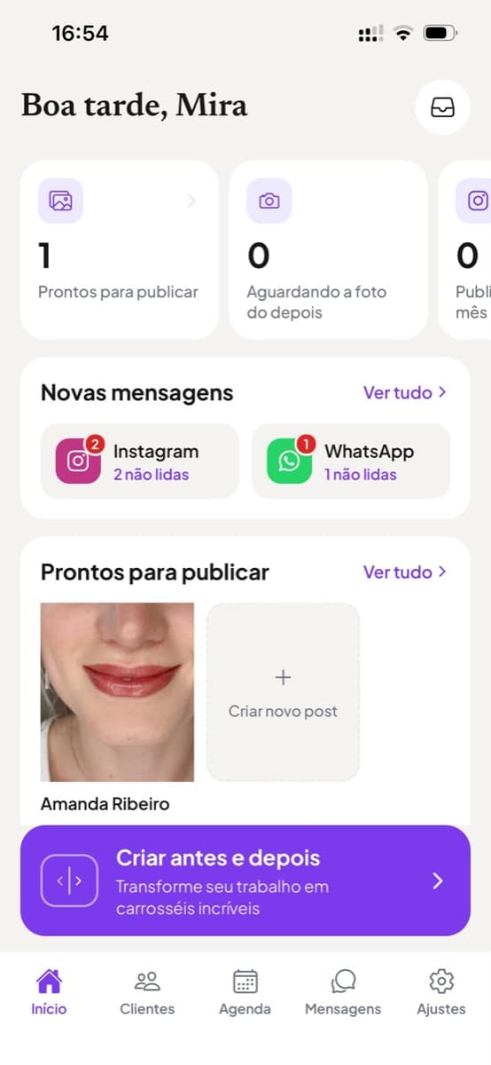 A tela inicial, com mensagens novas e posts prontos para publicar