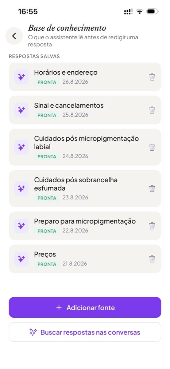 A base de conhecimento, com respostas salvas sobre valores, cuidados pós e sinal